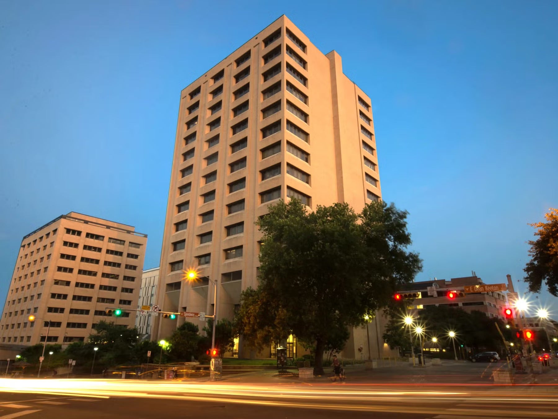 Street view of PMA building in evening