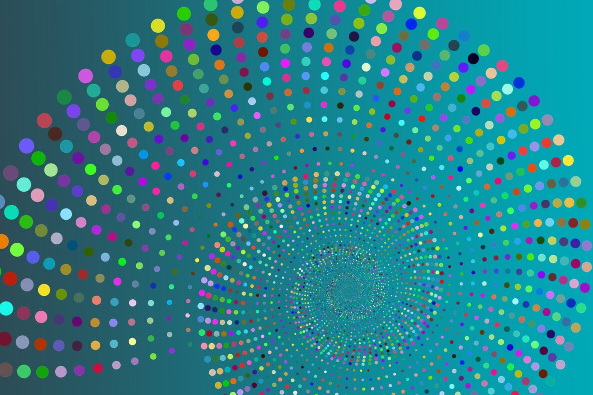multi-colored abstract spiral against teal background